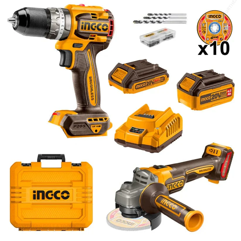 ingco-ingco-20v-lithium-ion-cordless-angle-grinder-hammer-impact-drill-combo-kit-ckli20273-power-tool-combo-kit-34003329482886 Ingco Cordless 2 pcs combo kit 66Nm 20V - Image 1